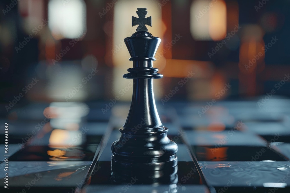 Poster a close-up view of a single chess piece on a chess board, great for illustrating strategy and thinki