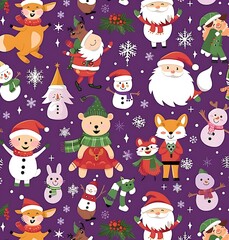 A seamless pattern of cute cartoon characters like Santa, elves and reindeer wearing winter with gifts on a purple background creates a Christmas atmosphere