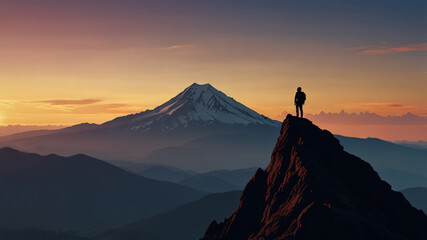 Naklejka premium Majestic Mountain Trekker Silhouette - Lone Trekker Admiring Mountain Summit at Sunset.