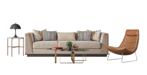 Modern living set sofa armchair and table.Isolated PNG