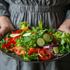 vegetable salad in a plate close-up against the background of a fat woman.