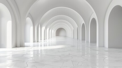 Fototapeta premium minimalistic white background with arches leading to urban city view in perspective, ideal for creative business concept design banner mockup