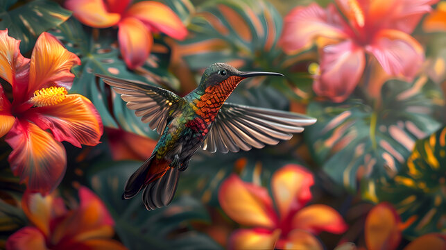 Colorful hummingbird in flight among bright orange blossoms, nature scene. Detailed close-up of a hummingbird with iridescent feathers near tropical flowers.