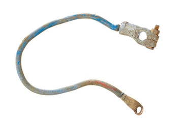 Old and worn auto battery cable isolated on white