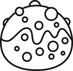 Simple line drawing representing a freshly baked chocolate chip cookie with flowing chocolate