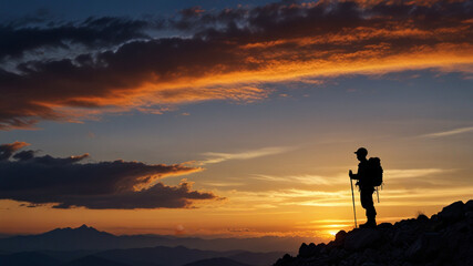 Majestic Mountain Trekker Silhouette - Lone Trekker Admiring Mountain Summit at Sunset.