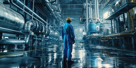 A worker wearing blue coveralls stands in a factory setting, ready to work