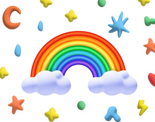 Cartoon rainbow 3d with children cute geometric elements. Clouds, stars, thunder, crescent moon isolated on white background. Kids Vector illustration.