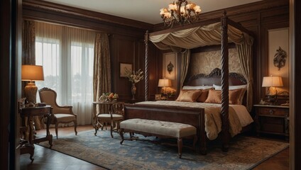 Luxurious and elegant interior design ideas, glam bedroom with daylight, rich color palette, metallic accents, and sumptuous materials like velvet and silk, cozy background