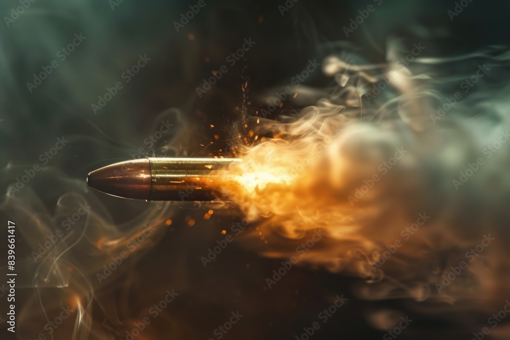 Poster close-up shot of a bullet with smoke emitting from the end, suitable for use in scenes where firearm