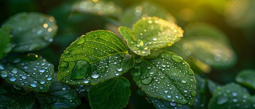 A close-up of nature chaparral plants with morning dew glistening on the leaves