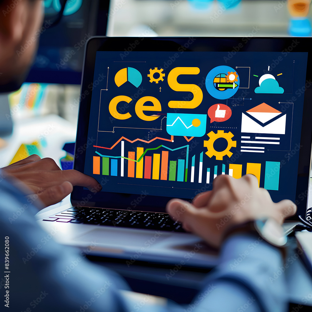 Poster businessman use a laptop to analyze seo search engine optimization for promoting ranking traffic on 