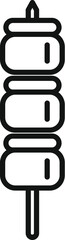 Black and white vector illustration of a delicious and tasty grilled marshmallow skewer icon, perfect for campfire, camping, summer snack, outdoor picnic, or party celebration
