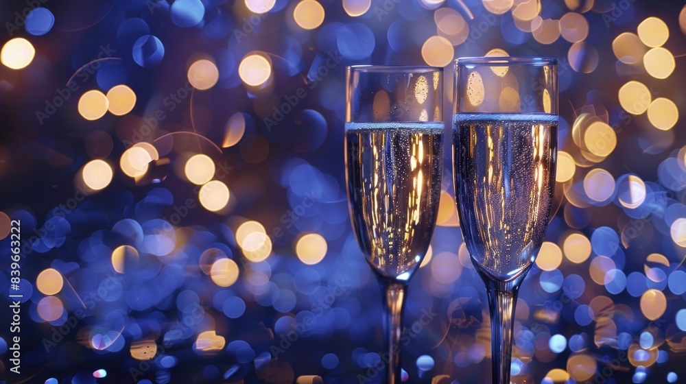 Poster two empty glasses of champagne sitting side by side on a table or counter