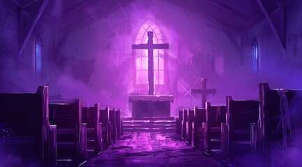 purple light Wooden Cross on Empty Pew for Ash Wednesday. 