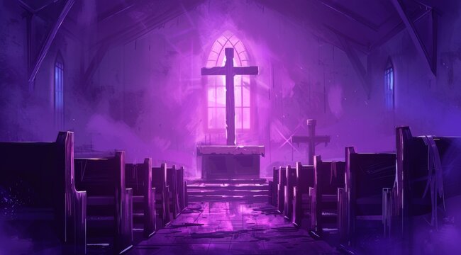 purple light Wooden Cross on Empty Pew for Ash Wednesday. - Powered by Adobe