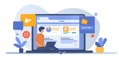 Businessmen use laptops to advertise on their websites. Digital marketing commerce online sale concept. planning advertising marketing strategies to target social media natives, sales design