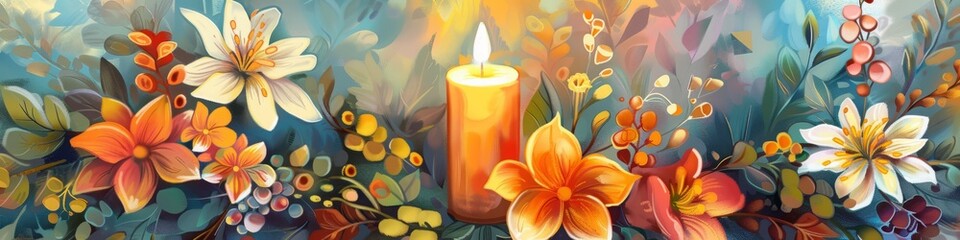 illustration of a candle in a Christmas wreath.
