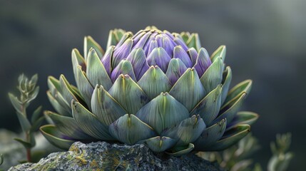 Purple and green artichoke perched on top of a rocky surface