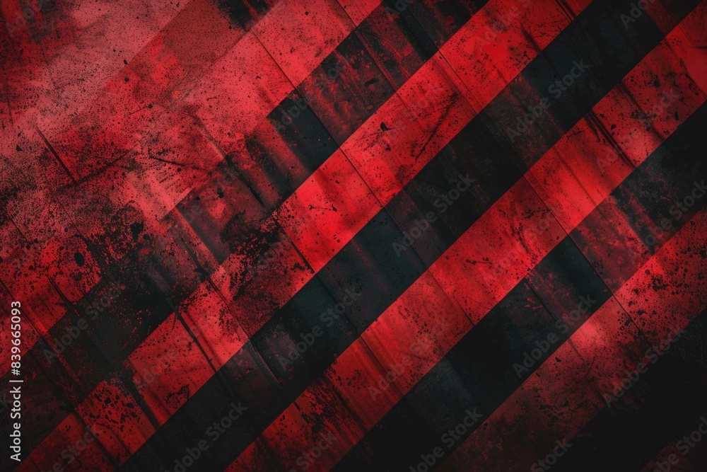 Poster a geometric pattern in red and black shapes, forming a diagonal design
