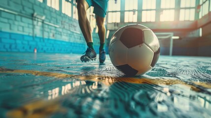 A soccer ball sits on top of a wet and smooth floor, perfect for use in sports or fitness-related concepts