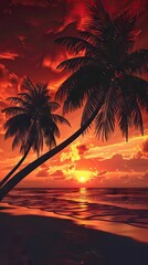 Imagine an iconic scene reminiscent of Scarface, where the vibrant backdrop of an orange sky sets the stage for a row of majestic palm trees. AI generated illustration