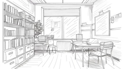 simple line drawing of a classroom with essential furniture, representing back-to-school concept in a minimalist style