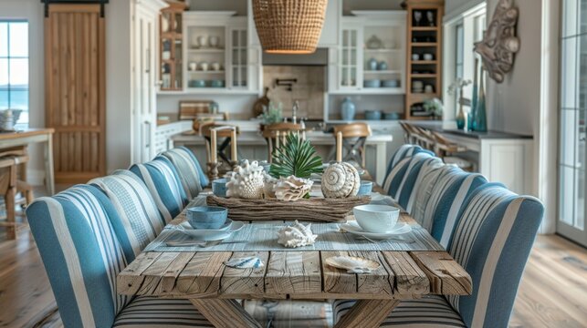 coastal home decor, transform your dining room into a coastal retreat with a rustic reclaimed wood table, nautical striped chairs, and a beachy centerpiece of driftwood and seashells
