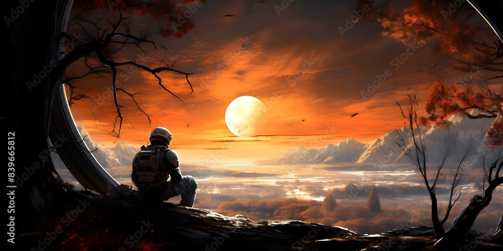 Poster contemplating life on another planet an astronaut's view of the alien sky. concept space exploration