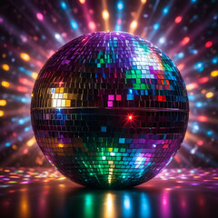 The dazzling disco ball casts a myriad of colorful light rays, creating a party atmosphere. Neon disco style