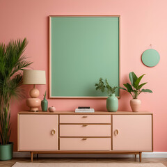 A stylish pink room featuring a modern dresser with gold accents and a large blank green frame. Modern living concept. Copy space. Mockup. Interior design. 