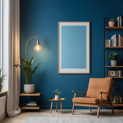 Cozy contemporary living room with a comfortable armchair and bookshelf, adorned by a large blue wall and frame. Mockup. Copy space. Modern living concept. Interior design.