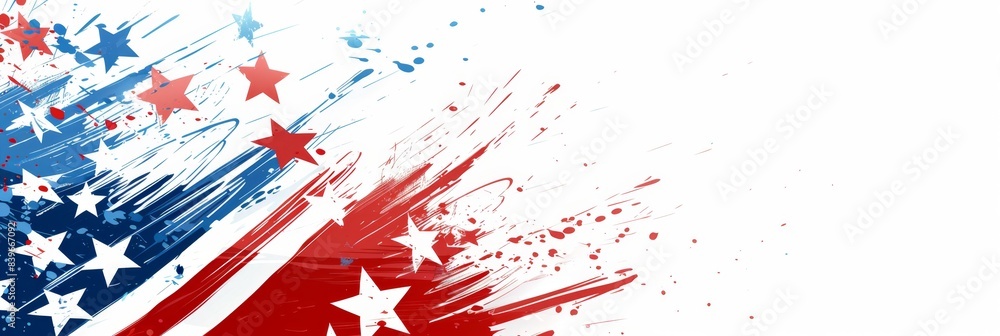 Poster a red, white and blue banner with stars on it american flag background, on the left side of the desi