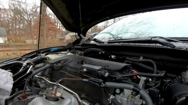 woman checking engine oil with dip stick on car in the fall