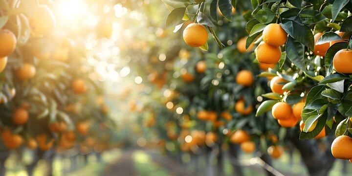 Sunlight shines through orange grove, highlighting trees laden with ripe fruit. Concept Nature, Agriculture, Sunshine, Fruits, Orange Groves