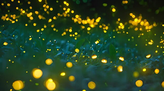 Fireflies moving on the grass