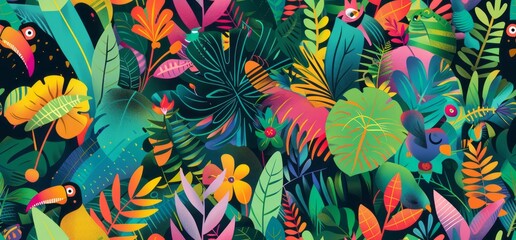 A sloth and toucan in the jungle, surrounded by lush greenery and colorful foliage, illustrated with playful patterns of stripes and dots