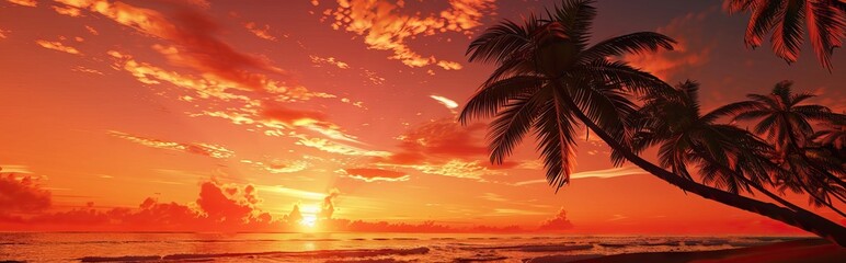 Obraz premium Imagine an iconic scene reminiscent of Scarface, where the vibrant backdrop of an orange sky sets the stage for a row of majestic palm trees. AI generated illustration