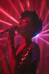 A woman performs on stage at a night club, singing into a microphone