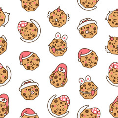 Cute kawaii cookies. Seamless pattern. Cartoon choco chip characters. Funny food. Hand drawn style. Vector drawing. Design ornaments.