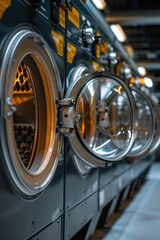 Fototapeta premium Industrial washing machines in a public washroom setting, perfect for use in interior design or commercial space photography