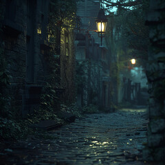 Fototapeta premium Electric Lantern, Victorian cybernetics, An electric lantern illuminates a darkened alleyway in a Victorian city, casting eerie shadows on the cobblestone ground Photography