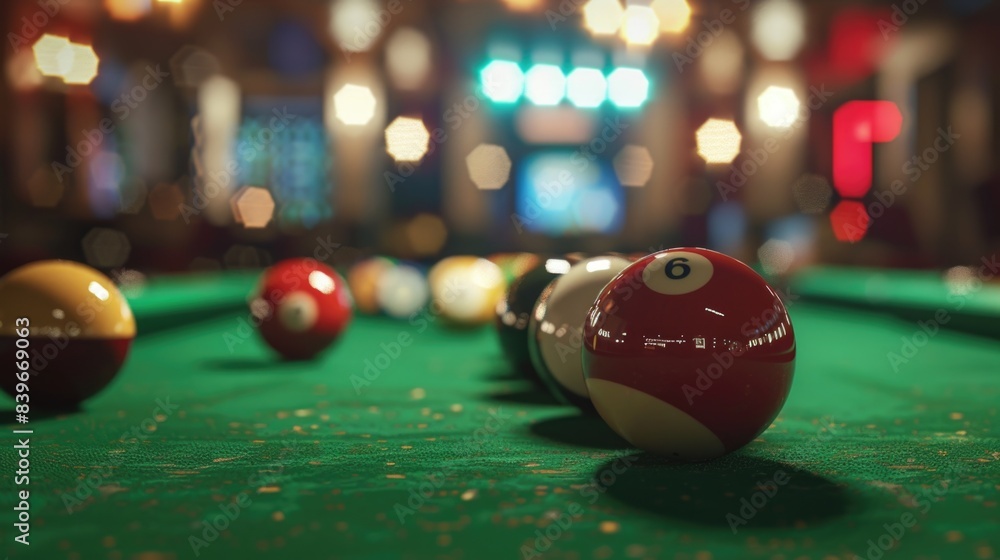 Poster a close-up shot of a pool table with a red and white billiard ball, ideal for use in sports or game-