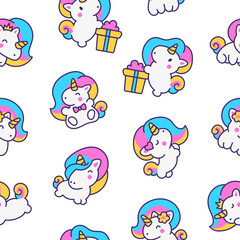 Cute kawaii little unicorn. Seamless pattern. Fairy tale cartoon happy pony characters. Hand drawn style. Vector drawing. Design ornaments.