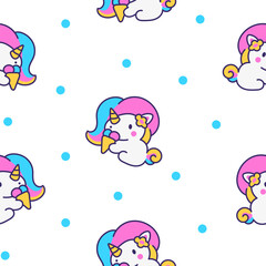 Cute kawaii little unicorn. Seamless pattern. Fairy tale cartoon happy pony characters. Hand drawn style. Vector drawing. Design ornaments.