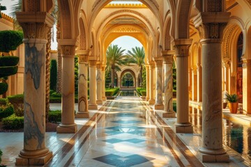 Obraz premium A long, dimly lit hallway with ornate columns and a tile floor