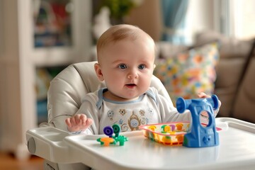 Baby Playing with Suction Cup Toy in High Chair