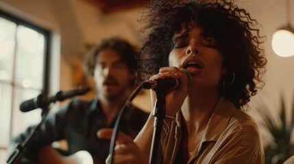 A woman sings into a microphone next to a man, capturing the moment of performance