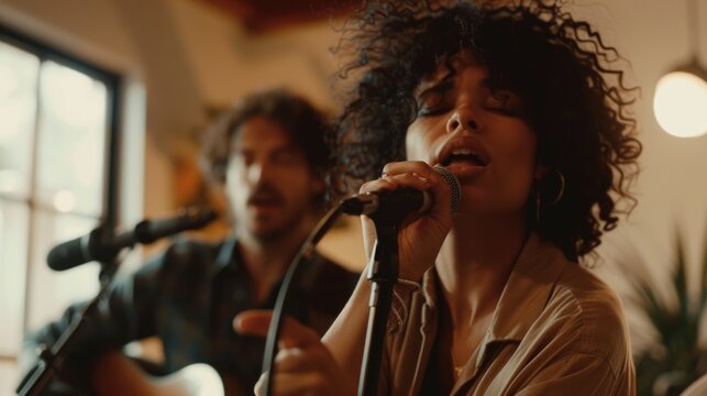 A woman sings into a microphone next to a man, capturing the moment of performance