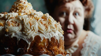 cake close-up against the background of a fat woman.